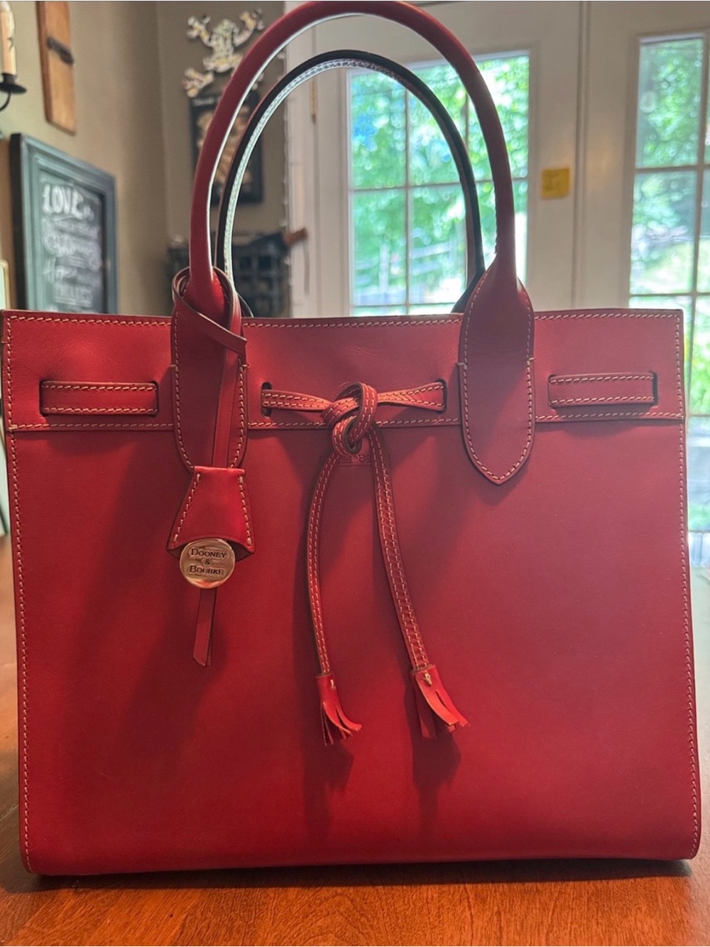 Dooney & Bourke Red Leather Structured Tote with Knot-Tie Detail